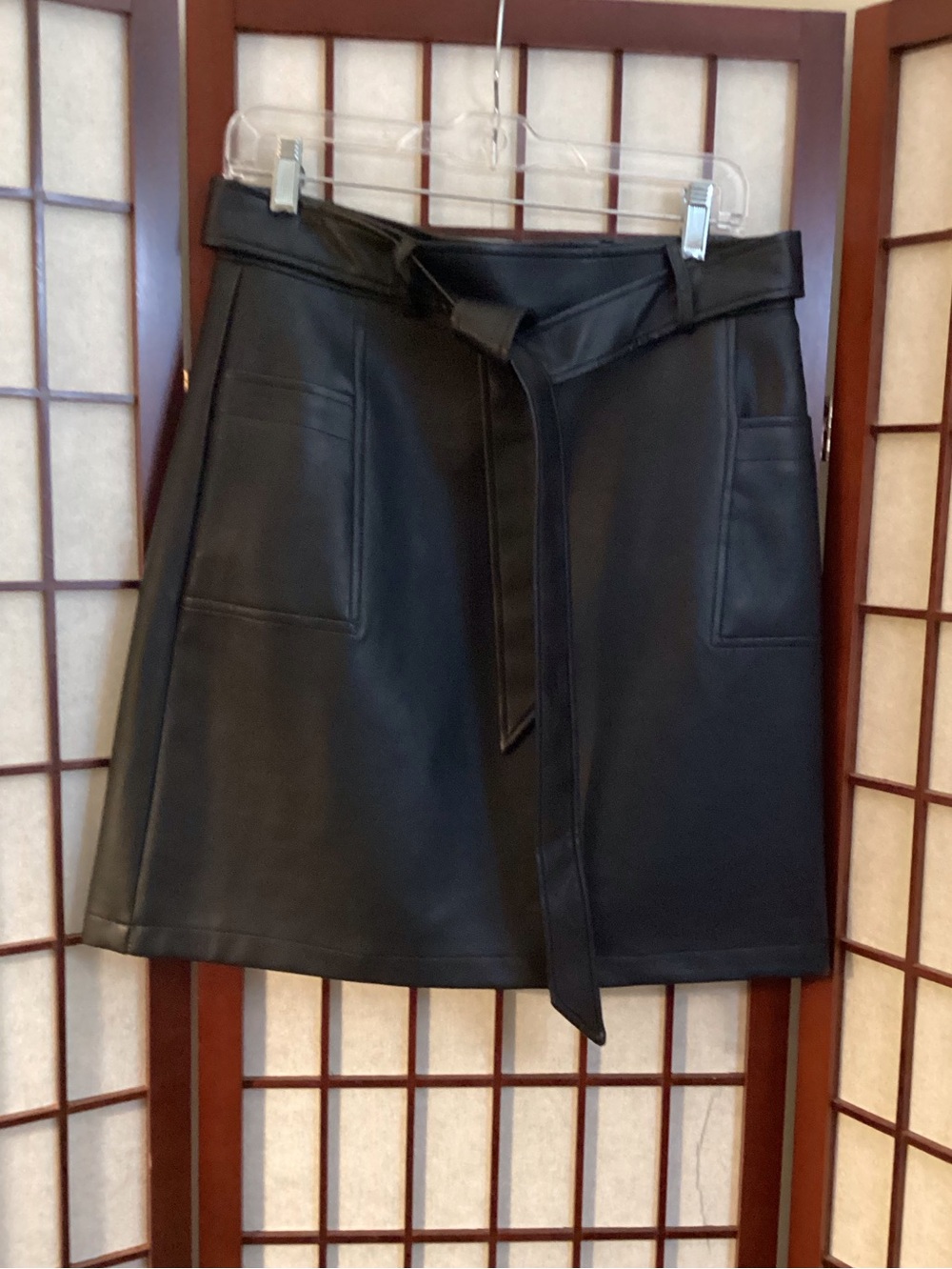 Bagatelle Black Faux Leather A-Line Skirt with Self-Tie Belt